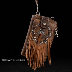 Brown Leather Western Fringe Phone Wallet Crossbody, Cowgirl Statement Accessory image 2