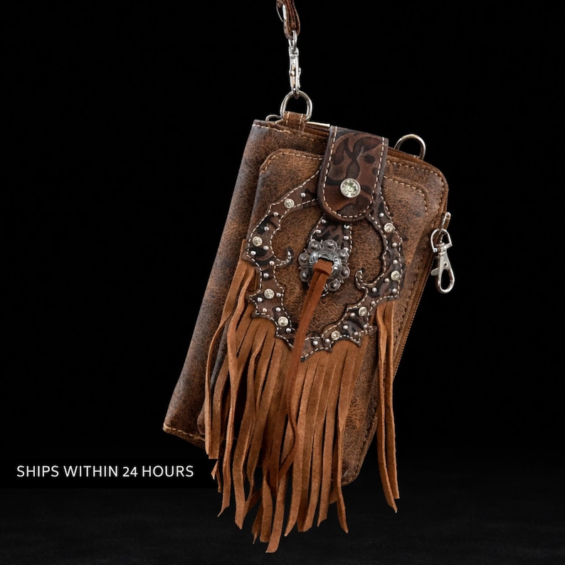 Brown Leather Western Fringe Phone Wallet Crossbody, Cowgirl Statement Accessory image 2