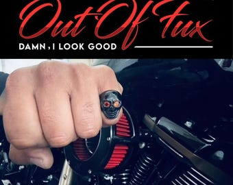 Black Skull Ring: Stainless Steel Biker Ring with Red CZ Eyes