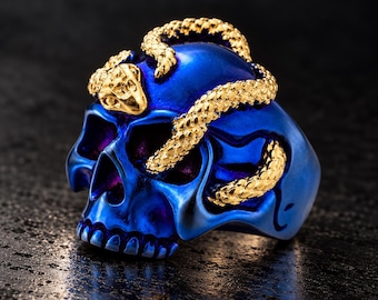 Blue Skull Snake Ring, 316L Stainless Steel Statement Ring, Gold Plated Snake, Sizes 9–13