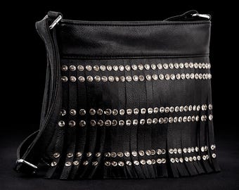 Black Leather Fringe Crossbody: Studded Rocker Boho Statement Bag