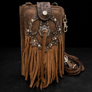 Brown Leather Western Fringe Phone Wallet Crossbody, Cowgirl Statement Accessory image 1