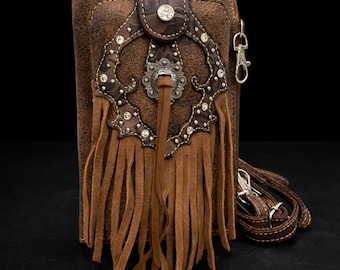 Brown Leather Western Fringe Phone Wallet Crossbody, Cowgirl Statement Accessory