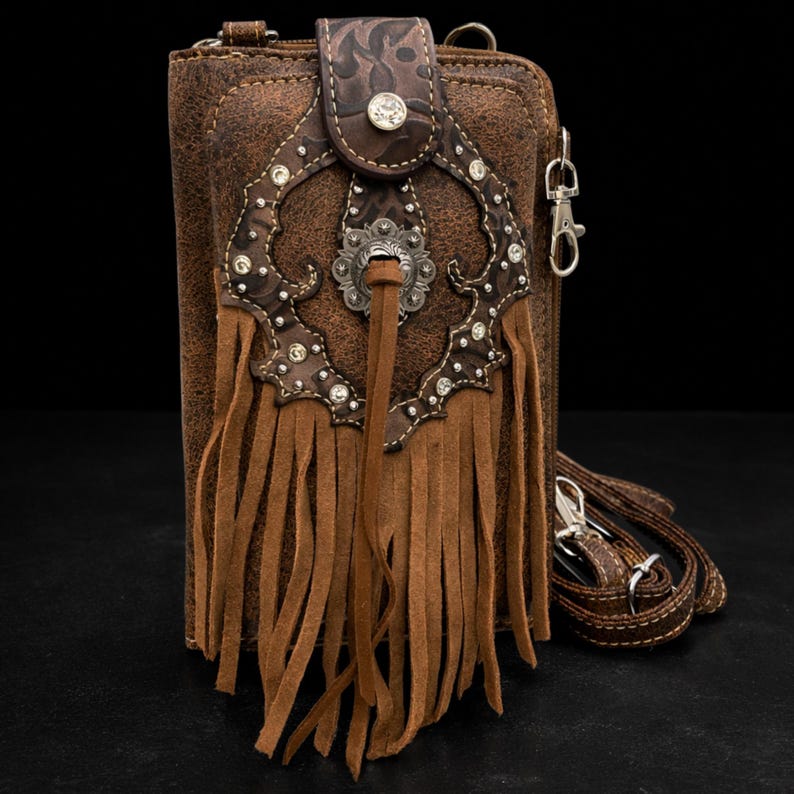 Brown Leather Western Fringe Phone Wallet Crossbody, Cowgirl Statement Accessory image 1