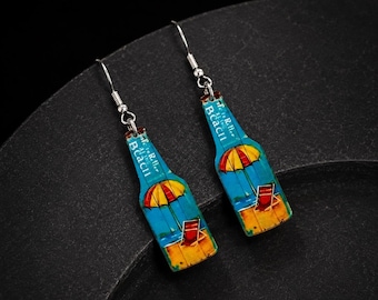 Beer Bottle Acrylic Earrings, Beach Scene Statement Jewelry, Stainless Steel Hooks