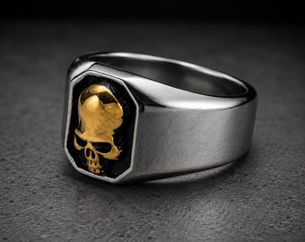 Stainless Steel Skull Signet Ring, Biker Gothic Motorcycle Jewelry, Silver or Gold Band