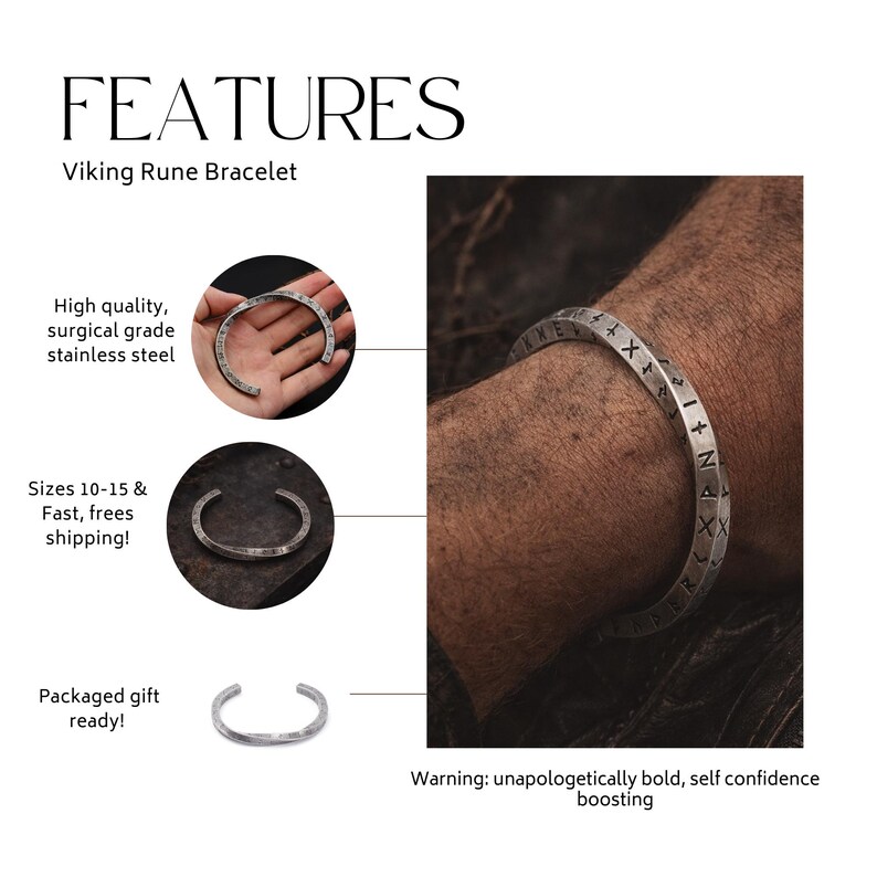 Antique Silver Viking Rune Cuff Bracelet, Stainless Steel Norse Jewelry ...
