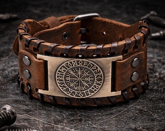 Men’s Viking Leather Cuff Bracelet with Norse Compass, Medieval Warrior Wristband