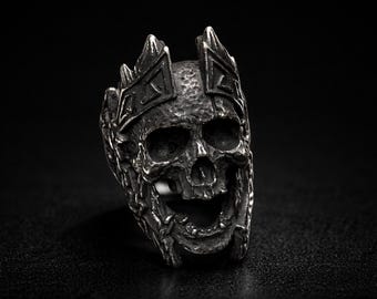 Blackened Stainless Steel Skull Ring for Men, Biker Gothic Statement Ring