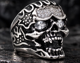 Skull Flame Ring, 316L Stainless Steel Biker Ring, CZ Skull Statement Ring, Gothic Rocker Jewelry, Sizes 9–13