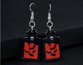 Red and Black Poison Bottle Earrings, Gothic Spooky Dangle Jewelry