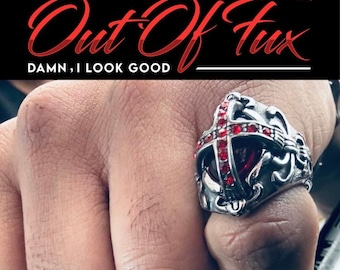 Men&#39;s Biker Ring - Celtic - Gothic - Red Stone Cross - Stainless Steel - Silver - Viking - Gifts for Him - Stylish - Fast Free Shipping!