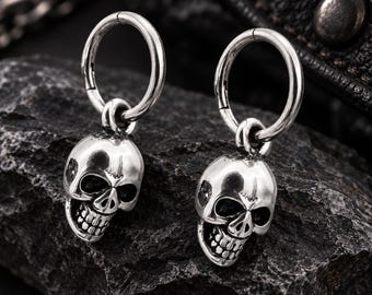 Skull Hoop Earrings, Stainless Steel Huggie Earrings, Gothic Skull Dangle Earrings, Biker Jewelry Gift