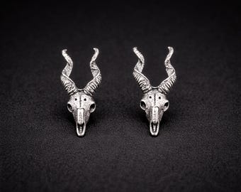 Sterling Silver Goat Skull Stud Earrings, Gothic Biker Punk Jewelry