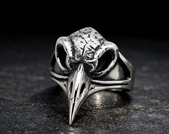 Anillo de calavera de cuervo de acero inoxidable para hombre, joyería gótica de estilo motero.