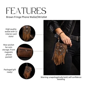 Brown Leather Western Fringe Phone Wallet Crossbody, Cowgirl Statement Accessory image 3