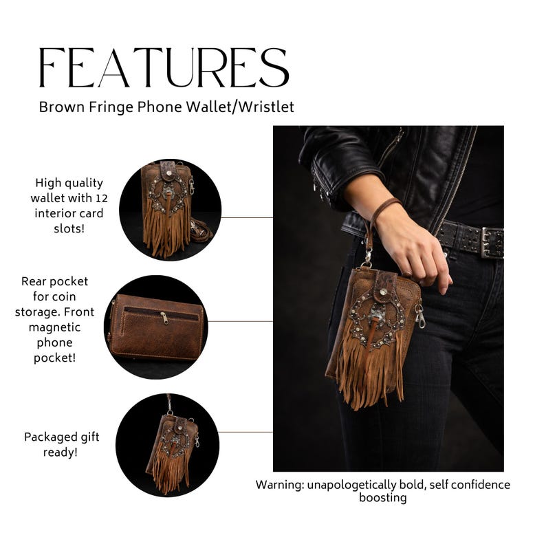 Brown Leather Western Fringe Phone Wallet Crossbody, Cowgirl Statement Accessory image 3