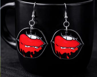 Gothic Vampire Lip Earrings, Double Sided Acrylic Fanged Mouth Dangles with Hypoallergenic Hooks