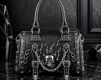 Black Skull Handbag, Gothic Studded Satchel Purse, Crossbody Shoulder Bag, Biker Motorcycle Purse for Women