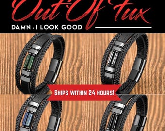 Braided Black Leather Bracelet for Men: Layered Stone Biker Jewelry