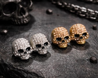 Cubic Zirconia Skull Stud Earrings, Silver or Rose Gold Goth Jewelry, Edgy Biker Punk