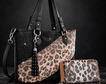 Leopard Rhinestone Purse and Wallet Set, Sparkly Tote Bag with Matching Zip Wallet, Glam Statement Handbag Set