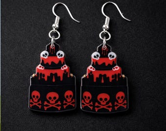 Goth Cake Skull Earrings, Double Sided Acrylic Dangle with Stainless Steel Hooks