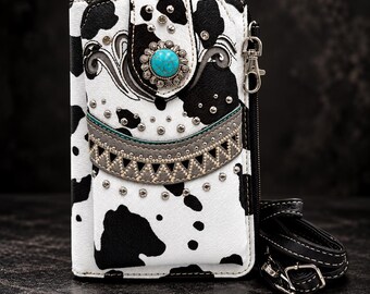 Cartera cruzada con estampado de vaca en blanco y negro, monedero estilo western con concho turquesa, cartera para teléfono