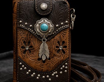 Western Tooled Leather Phone Crossbody: Cowgirl Wallet Purse with Turquoise Concho