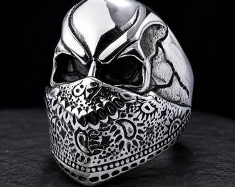 Stainless Steel Bandana Skull Ring, Gothic Biker Statement Jewelry
