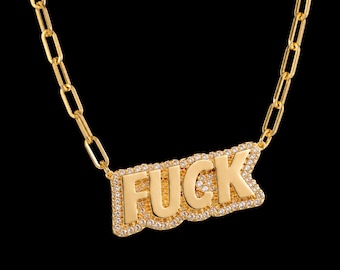 Gold Plated Stainless Steel Statement Necklace, Paperclip Chain, Cuss Word Pendant