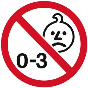 K&ouml;nnte beinhalten: Ein roter Kreis mit einer diagonalen roten Linie durch ihn. Der Kreis enth&auml;lt eine Schwarzwei&szlig;illustration eines Babygesichts mit einem Stirnrunzeln. Der Text "0-3" befindet sich unter dem Gesicht.