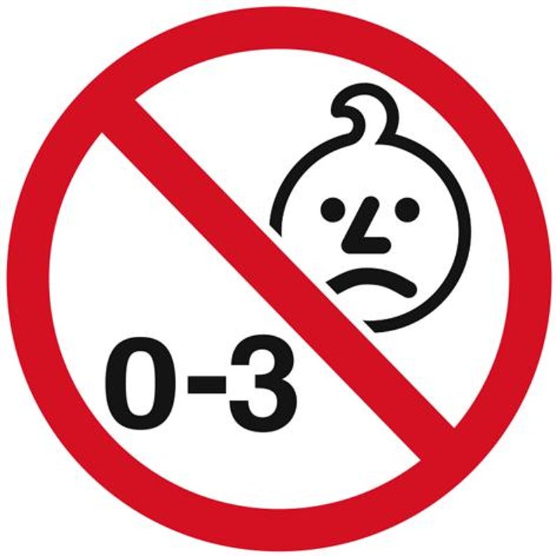K&ouml;nnte beinhalten: Ein roter Kreis mit einer diagonalen roten Linie durch ihn. Der Kreis enth&auml;lt eine Schwarzwei&szlig;illustration eines Babygesichts mit einem Stirnrunzeln. Der Text "0-3" befindet sich unter dem Gesicht.