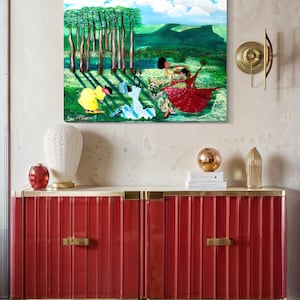 May include: A painting of four women in a field with trees in the background. The women are wearing colorful dresses and are dancing. The painting is done in a vibrant style with bright colors.