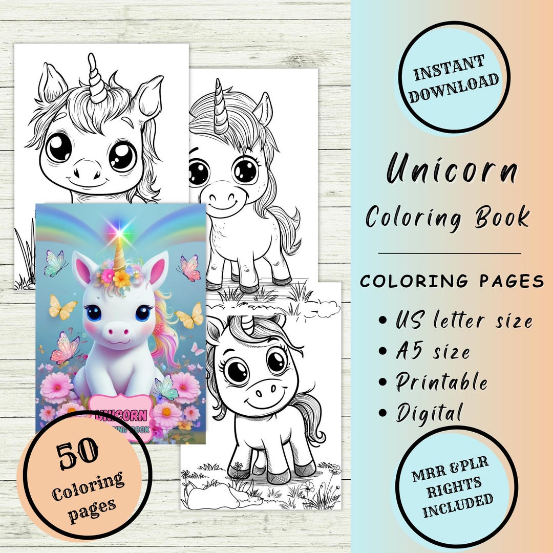 Unicorn Coloring Book for Kids – 50 Cute Printable Pages (instant ...