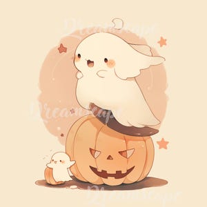 May include: Two cute cartoon ghosts, one perched on top of a carved orange pumpkin with a jack-o'-lantern face, the other standing in front of the pumpkin. The background is a soft peach color with small white stars.