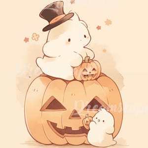 May include: Two white ghosts with cute faces, one wearing a top hat, are next to a large orange jack-o'-lantern with a carved face. The ghosts are on top of a smaller jack-o'-lantern.