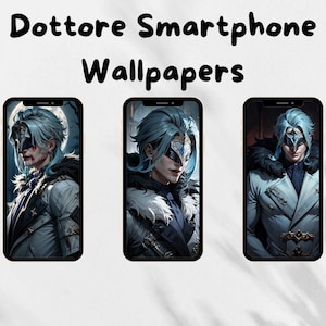 Puede incluir: Tres fondos de pantalla para teléfonos inteligentes que muestran a un personaje con cabello azul, una máscara blanca y un abrigo azul oscuro. El personaje se representa en diferentes poses y entornos.