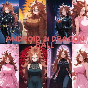 Può includere: Un collage di immagini con Android 21 di Dragon Ball. Il personaggio è raffigurato in vari outfit, tra cui una tuta nera, un maglione marrone, una giacca di pelle nera e diversi abiti rosa. Il testo "ANDROID 21 DRAGON BALL" è sovrapposto alle immagini.