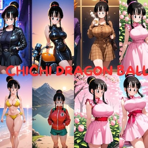 以下が含まれることがあります： 様々な衣装と環境で、ドラゴンボールのキャラクターであるチチをフィーチャーしたデジタルアートのコラージュ。黒い革のジャケット、タイトな黒いドレス、茶色のチェック柄の衣装、ピンクのドレスを着ています。「CHICHI DRAGON BALL」というテキストが重ねられています。