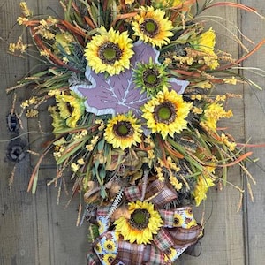 Sunflower Wreath, Maple Leaf & Sunflower Fall Swag, Front Door Swag, Teardrop Swag, Thanksgiving Decor, Fall Front Door Swag