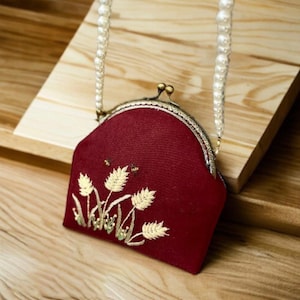 Hand Bag with Shoulder strap, Unique ribbon flower Embroidery Bag, Customized Bags, Vintage Bag, Red embroidery Bag