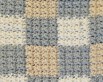 Handmade Crochet Baby Blanket Checkered Sage, Ivory and Beige 42" X 37