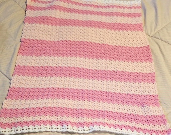 Handmade Crochet Striped Pinks and White Baby Blanket 39" X 29"
