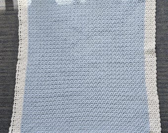 Handmade Crochet Blue with White Borders Baby Blanket 33" X 33"