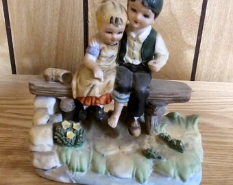 Vintage 1950's Boy and Girl on Bench Japan # 6345