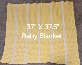 Handmade Crochet Baby Blanket Yellow with White Striped  37" X 37 1/2"