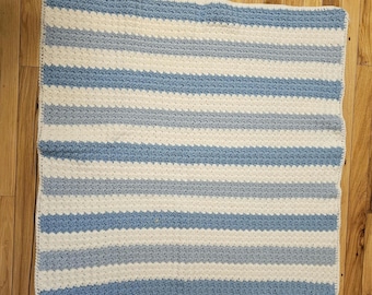 Handmade Crochet Striped Blues and White Baby Blanket