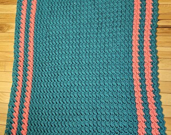 Handmade Crochet Medium Green with Watermelon Striped Baby Blanket 33" X 33"