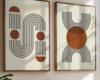 Neutrale abstrakte Wandkunst 2er-Set, moderne geometrische Bogendrucke, Boho Minimalwandkunst, zeitgenössische druckbare Kunst | Digitaler Download